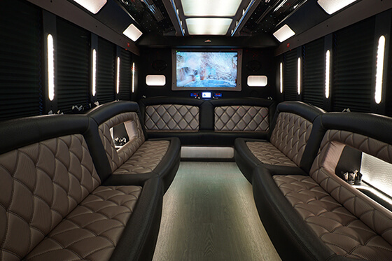 28 passenger limo bus with screens